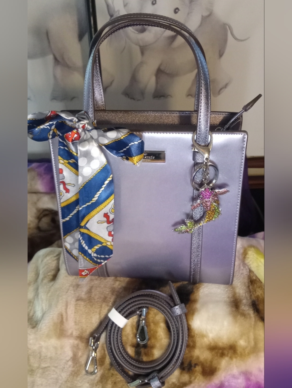 Kate Spade Metallic Patent Silver/Lavender Candied Flower Kenzie Mini Bag NWT